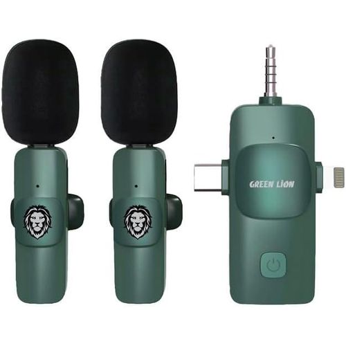 Green Lion  3 In 1 Microphone Type-C/Lightning/Aux, 20 Meter Access, With Carrying Case, Wireless Transmission, Plug And Play, 64DB SignalTo Noise Ratio, 5 Hrs Working