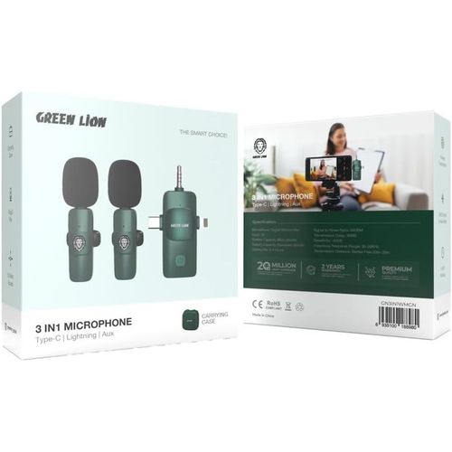Green Lion  3 In 1 Microphone Type-C/Lightning/Aux, 20 Meter Access, With Carrying Case, Wireless Transmission, Plug And Play, 64DB SignalTo Noise Ratio, 5 Hrs Working