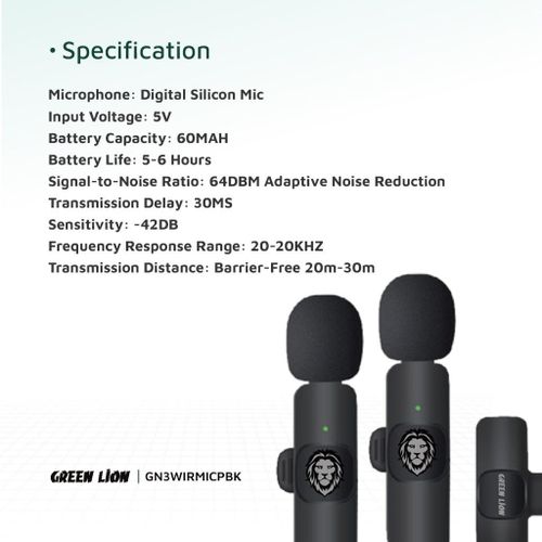Green Lion  3 In 1 Microphone Type-C/Lightning/Aux, 20 Meter Access, With Carrying Case, Wireless Transmission, Plug And Play, 64DB SignalTo Noise Ratio, 5 Hrs Working