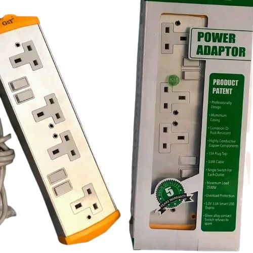 G & T 5m Metallic Extension Cable- 2500W Heavy Duty - 4 Sockets, Durable & Safe
