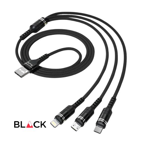 BLACK CableM 3 In 1 Strong Charging Cable For Android & Apple, 1.2m - Black (1YR WRTY)