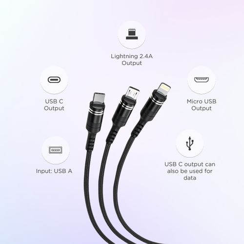 BLACK CableM 3 In 1 Strong Charging Cable For Android & Apple, 1.2m - Black (1YR WRTY)