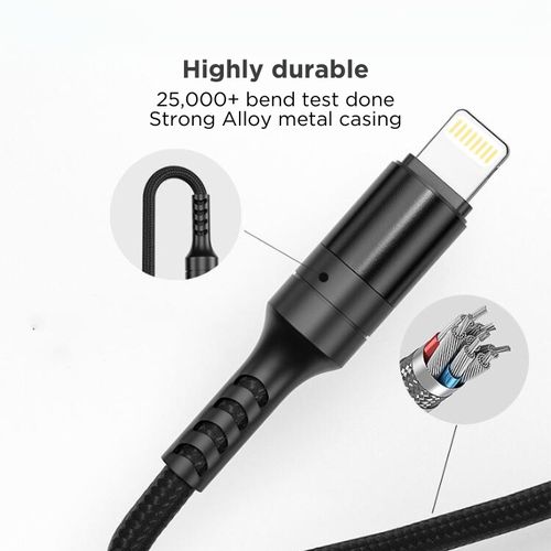 BLACK CableM 3 In 1 Strong Charging Cable For Android & Apple, 1.2m - Black (1YR WRTY)