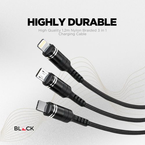 BLACK CableM 3 In 1 Strong Charging Cable For Android & Apple, 1.2m - Black (1YR WRTY)