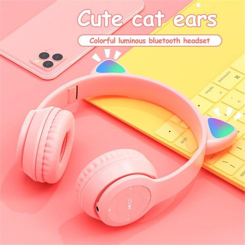 P47 Kids Headphones With Cat Ear RGB Led Light Up Foldable Over-Ear Headphones With AUX 3.5mm Wireless Headset