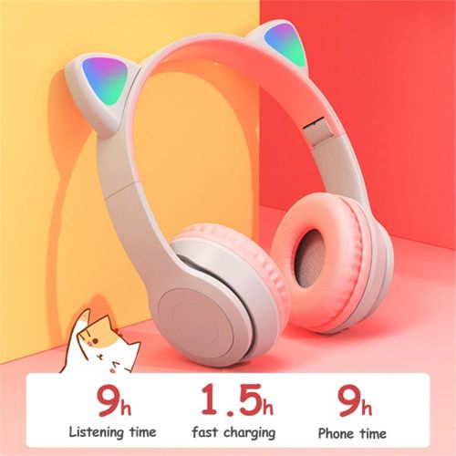 P47 Kids Headphones With Cat Ear RGB Led Light Up Foldable Over-Ear Headphones With AUX 3.5mm Wireless Headset