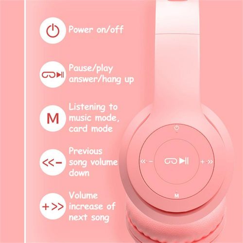 P47 Kids Headphones With Cat Ear RGB Led Light Up Foldable Over-Ear Headphones With AUX 3.5mm Wireless Headset