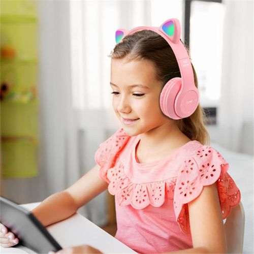 P47 Kids Headphones With Cat Ear RGB Led Light Up Foldable Over-Ear Headphones With AUX 3.5mm Wireless Headset
