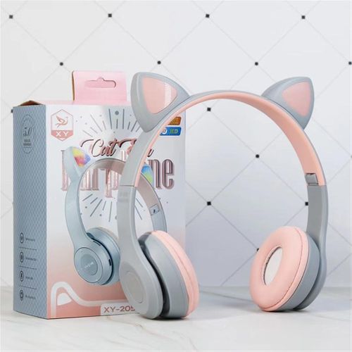 P47 Kids Headphones With Cat Ear RGB Led Light Up Foldable Over-Ear Headphones With AUX 3.5mm Wireless Headset