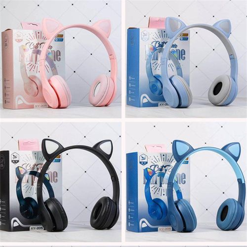 P47 Kids Headphones With Cat Ear RGB Led Light Up Foldable Over-Ear Headphones With AUX 3.5mm Wireless Headset