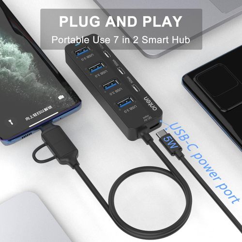Onten USB C Hub,7 Ports USB 3.0 Hub with USB C to USB 3.0 Adapter,USB C Splitter with 3.2 ft Cable 4XUSB3.0 Ports,3XUSB C Ports for Thunderbolt3,4 and More USB and USB C Devices