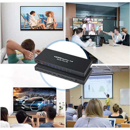 4K HDMI Splitter 1 In 8 Out, 8 Way HDMI Splitter 1x8 4Kx2K@30Hz W/AC Adapter, Mirror Duplicate For Gaming Console, Laptop, Monitor, Television, Projector, DVD Player - Black
