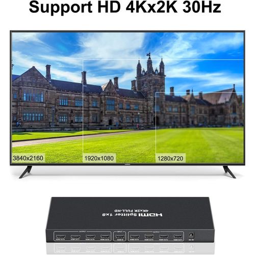 4K HDMI Splitter 1 In 8 Out, 8 Way HDMI Splitter 1x8 4Kx2K@30Hz W/AC Adapter, Mirror Duplicate For Gaming Console, Laptop, Monitor, Television, Projector, DVD Player - Black