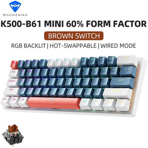 Machenike K500-B61 Gaming Mechanical Keyboard Brown Switch 61 Keys, With RGB Backlit Hot Swap USB-C Wired PBT Keycaps - White