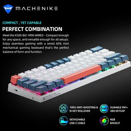 Machenike K500-B61 Gaming Mechanical Keyboard Brown Switch 61 Keys, With RGB Backlit Hot Swap USB-C Wired PBT Keycaps - White