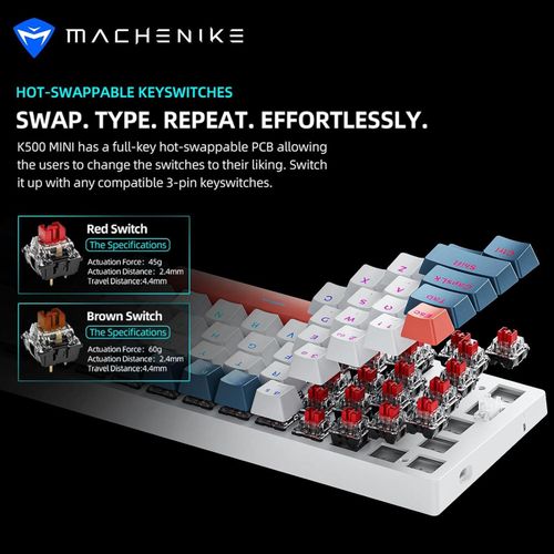 Machenike K500-B61 Gaming Mechanical Keyboard Brown Switch 61 Keys, With RGB Backlit Hot Swap USB-C Wired PBT Keycaps - White