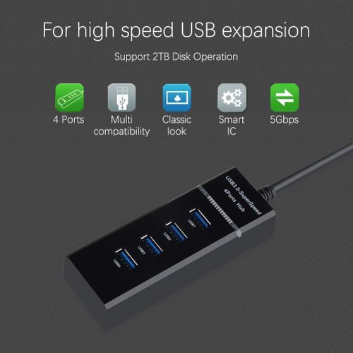 USB HUB USB 3.0 Extension Hub 4 Ports SuperSpeed Transfer Portable with Switches for Laptop/Notebook/PC/Mobiles/Tablets, iPhone/Ipads, Computers, MP3 Players and Gaming Consoles in Black