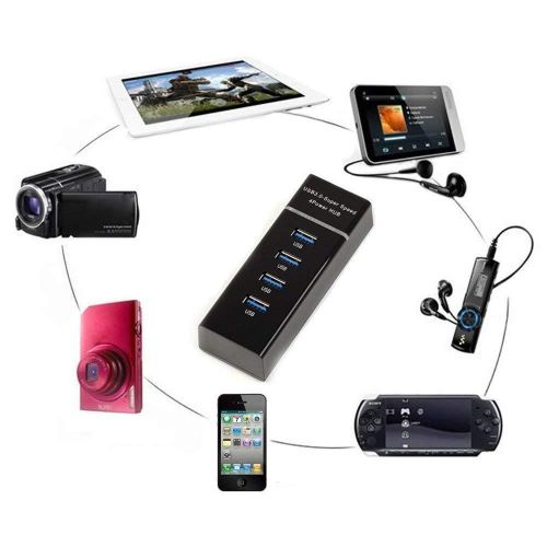 USB HUB USB 3.0 Extension Hub 4 Ports SuperSpeed Transfer Portable with Switches for Laptop/Notebook/PC/Mobiles/Tablets, iPhone/Ipads, Computers, MP3 Players and Gaming Consoles in Black