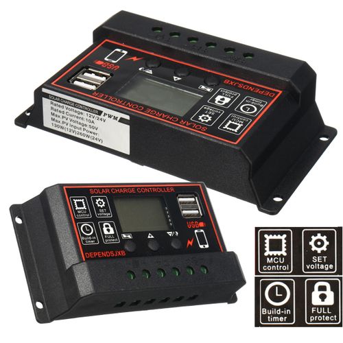 Solar Panel Charger Controller Regulator Dual USB LCD Display #10A Black