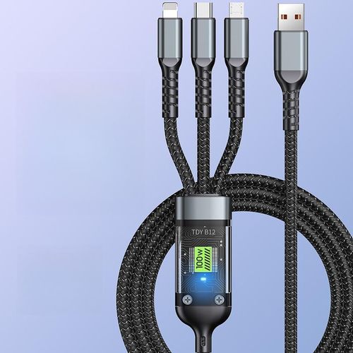 100W Transparent Digital Display Luminous Three-in-One Fast Charge Three-in-One Data Cable Applicable to Huawei Android Apple