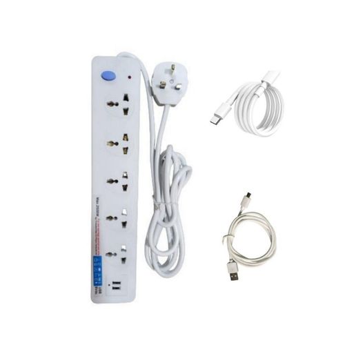 5 way  Extension with 2 Charging Port and 2 USB Cables - White s