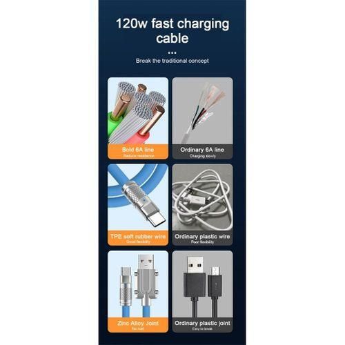 120W 6A Super Fast Charge USB C Charging Cable USB TypeC ChargingData Transfer 2In1 Mobile Phone Cable Orange 1M