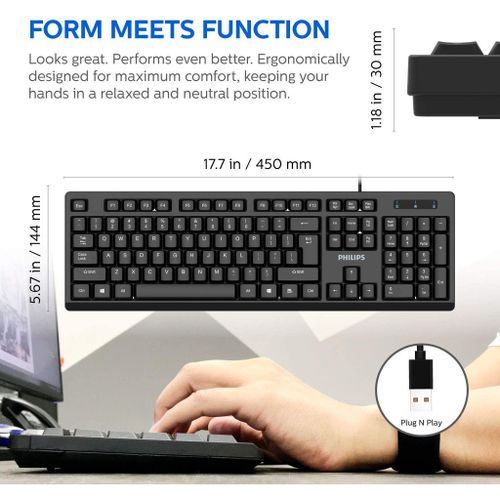 Philips Wired Quiet Keyboard SPK6234 with Number Pad - Black