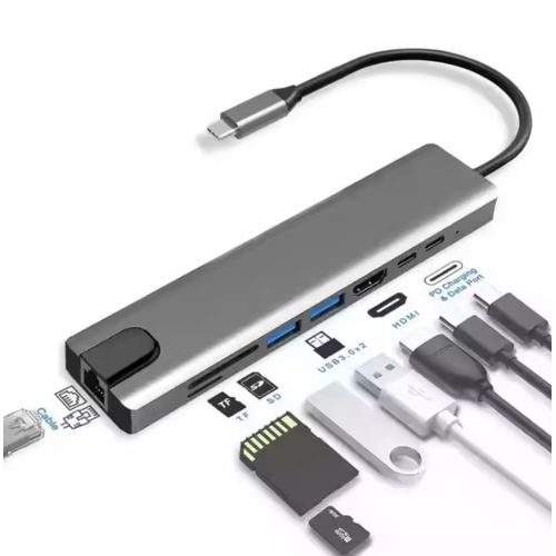 8 In 1 Type-C HUB Converter 4K HDMI-Compatible 2, USB3.0, USB C, PD, SD/TF,  RJ45 Docking Station (internet cable slot ) Multi-Function Expander Adapter - Grey
