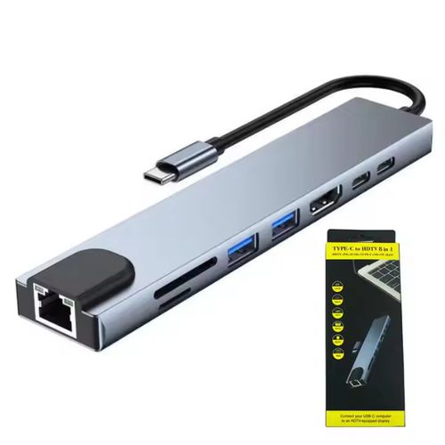 8 In 1 Type-C HUB Converter 4K HDMI-Compatible 2, USB3.0, USB C, PD, SD/TF,  RJ45 Docking Station (internet cable slot ) Multi-Function Expander Adapter - Grey
