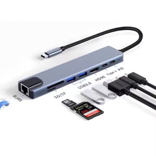 8 In 1 Type-C HUB Converter 4K HDMI-Compatible 2, USB3.0, USB C, PD, SD/TF,  RJ45 Docking Station (internet cable slot ) Multi-Function Expander Adapter - Grey