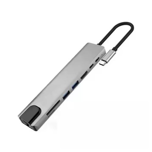 8 In 1 Type-C HUB Converter 4K HDMI-Compatible 2, USB3.0, USB C, PD, SD/TF,  RJ45 Docking Station (internet cable slot ) Multi-Function Expander Adapter - Grey