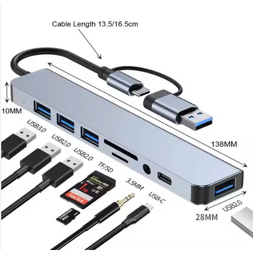Ikk 2-in-1 Dual Connector USB Hub - 8-in-1 Multiport Adapter with USB 3.0, 3.5mm Audio, PD Charging, SD/TF Slots