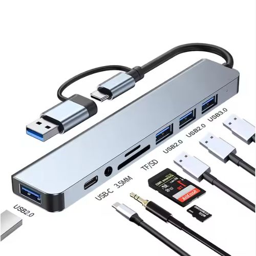 Ikk 2-in-1 Dual Connector USB Hub - 8-in-1 Multiport Adapter with USB 3.0, 3.5mm Audio, PD Charging, SD/TF Slots