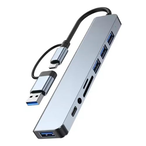 Ikk 2-in-1 Dual Connector USB Hub - 8-in-1 Multiport Adapter with USB 3.0, 3.5mm Audio, PD Charging, SD/TF Slots