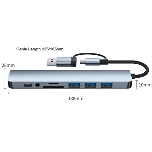 Ikk 2-in-1 Dual Connector USB Hub - 8-in-1 Multiport Adapter with USB 3.0, 3.5mm Audio, PD Charging, SD/TF Slots