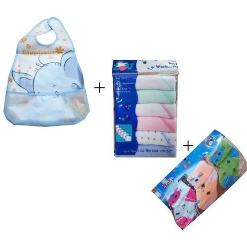 6 Baby Wash Cloths,3pairs Socks And 1 Plastic Bib/Colors Vary-Multicolor