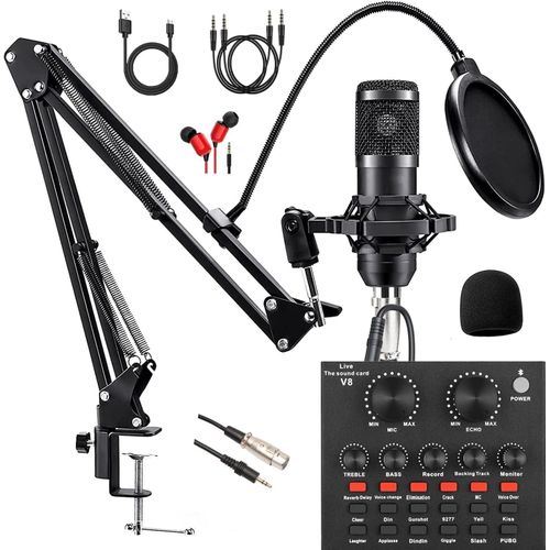 Microphone BM800 Podcast Microphone Bundle with V8 Live Sound Card, Voice Changer, Audio Interface Perfect for Recording, Singing, Streaming and Gaming