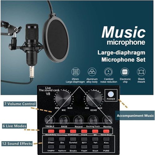 Microphone BM800 Podcast Microphone Bundle with V8 Live Sound Card, Voice Changer, Audio Interface Perfect for Recording, Singing, Streaming and Gaming