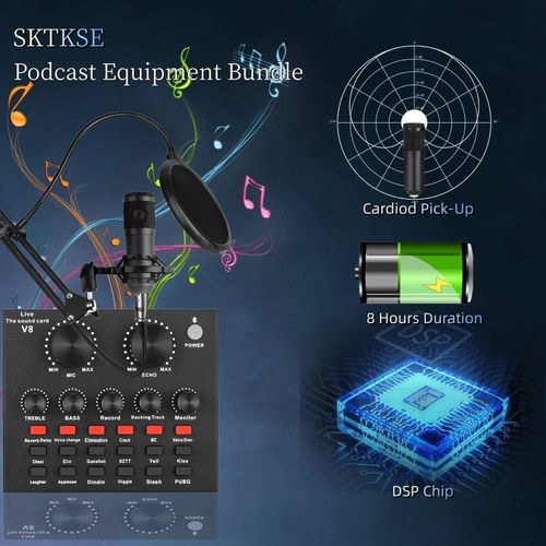 Microphone BM800 Podcast Microphone Bundle with V8 Live Sound Card, Voice Changer, Audio Interface Perfect for Recording, Singing, Streaming and Gaming