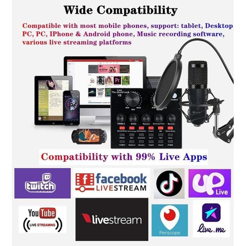 Microphone BM800 Podcast Microphone Bundle with V8 Live Sound Card, Voice Changer, Audio Interface Perfect for Recording, Singing, Streaming and Gaming