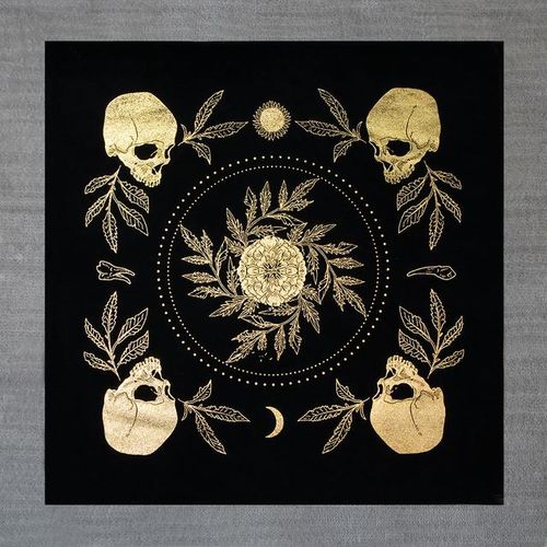 Tarot Cloth for Any Tarot Cards Altar Cloth Foil Stamped Teeth & Bone the Sun Moon Skulls Teeth and the All-important Marig