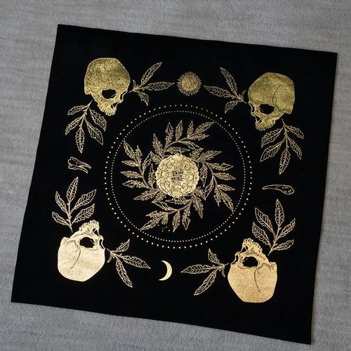 Tarot Cloth for Any Tarot Cards Altar Cloth Foil Stamped Teeth & Bone the Sun Moon Skulls Teeth and the All-important Marig
