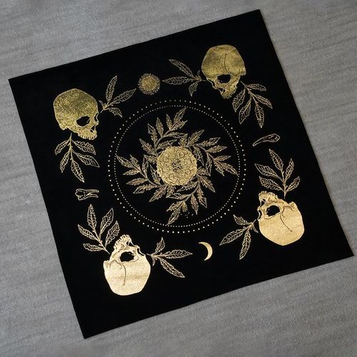 Tarot Cloth for Any Tarot Cards Altar Cloth Foil Stamped Teeth & Bone the Sun Moon Skulls Teeth and the All-important Marig