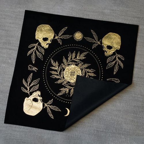 Tarot Cloth for Any Tarot Cards Altar Cloth Foil Stamped Teeth & Bone the Sun Moon Skulls Teeth and the All-important Marig