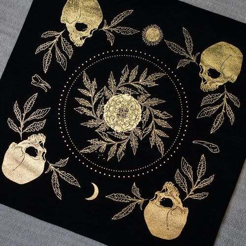 Tarot Cloth for Any Tarot Cards Altar Cloth Foil Stamped Teeth & Bone the Sun Moon Skulls Teeth and the All-important Marig