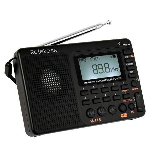 Retekess V-115 FM/AM/SW Radio Multiband Radio Receiver REC Recorder Bass Sound MP3 Player Speakers With Sleep Timer Black NO5115