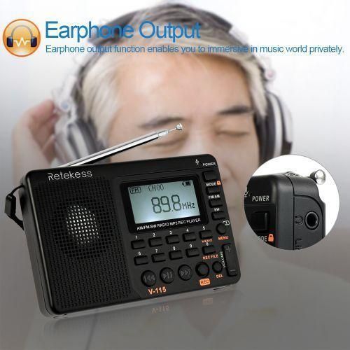 Retekess V-115 FM/AM/SW Radio Multiband Radio Receiver REC Recorder Bass Sound MP3 Player Speakers With Sleep Timer Black NO5115