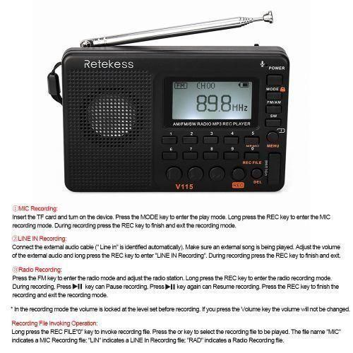 Retekess V-115 FM/AM/SW Radio Multiband Radio Receiver REC Recorder Bass Sound MP3 Player Speakers With Sleep Timer Black NO5119