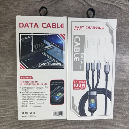 New 100W Transparent Median Brown Luminous Three-in-One Data Cable Super Fast Charge Woven Three-in-One Data Cable