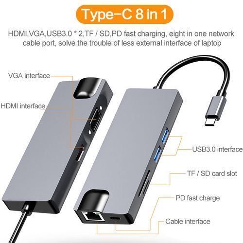 HW-TC12 8 In 1 Type-C / USB-C Multifunctional Extension HUB-Black